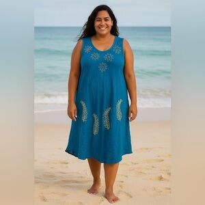 InGear Resort Blue Sleeveless Embroidered Rayon Sundress Boho Cover Up Sz XL